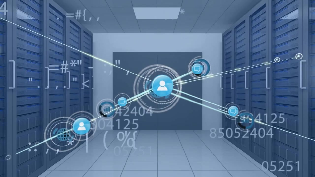 Animation of network of connections with icons and data processing over server room