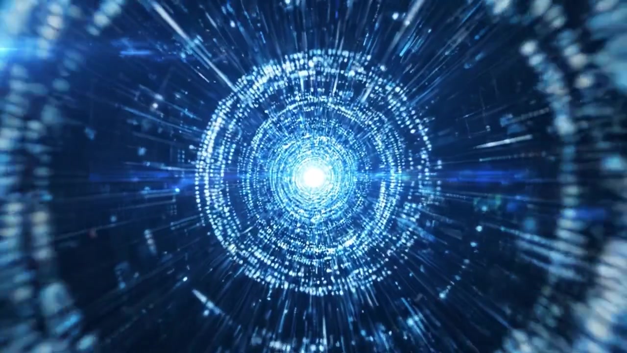 A Stunning Visualization of a Digital Vortex, Capturing the Feeling of Movement Through an Infinite Tunnel of Light and Data, Radiating Brightness from its Center.