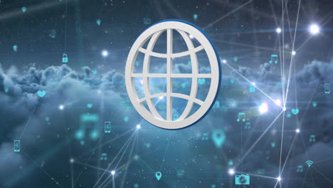 globe icon with network symbols animation over digital cloud background