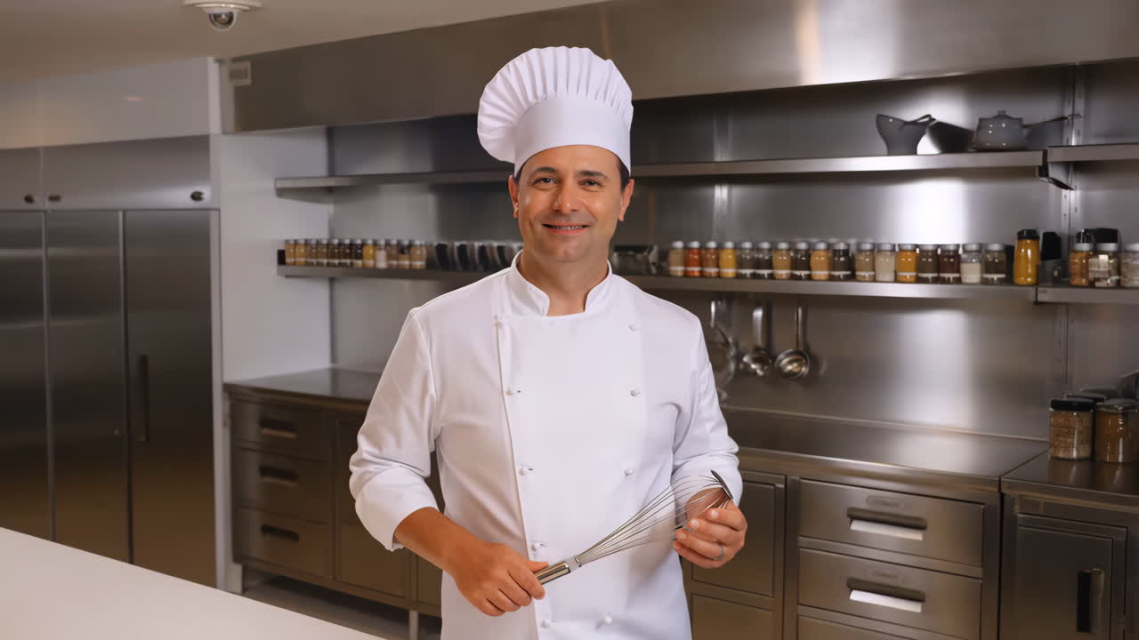 Chef in a kitchen holding a whisk