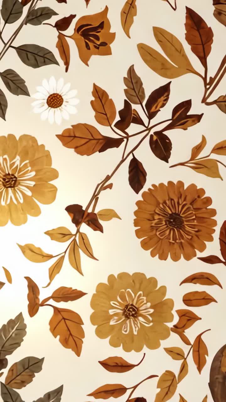 Vertical video: Camera tilting and panning over home wallpaper revealing golden blooms and daisy