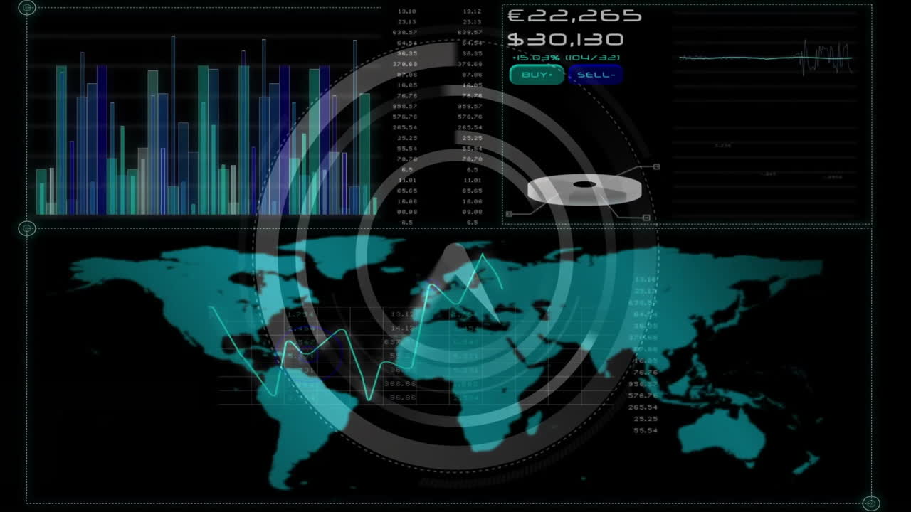 Financial data and global market trends animation over world map and bar charts