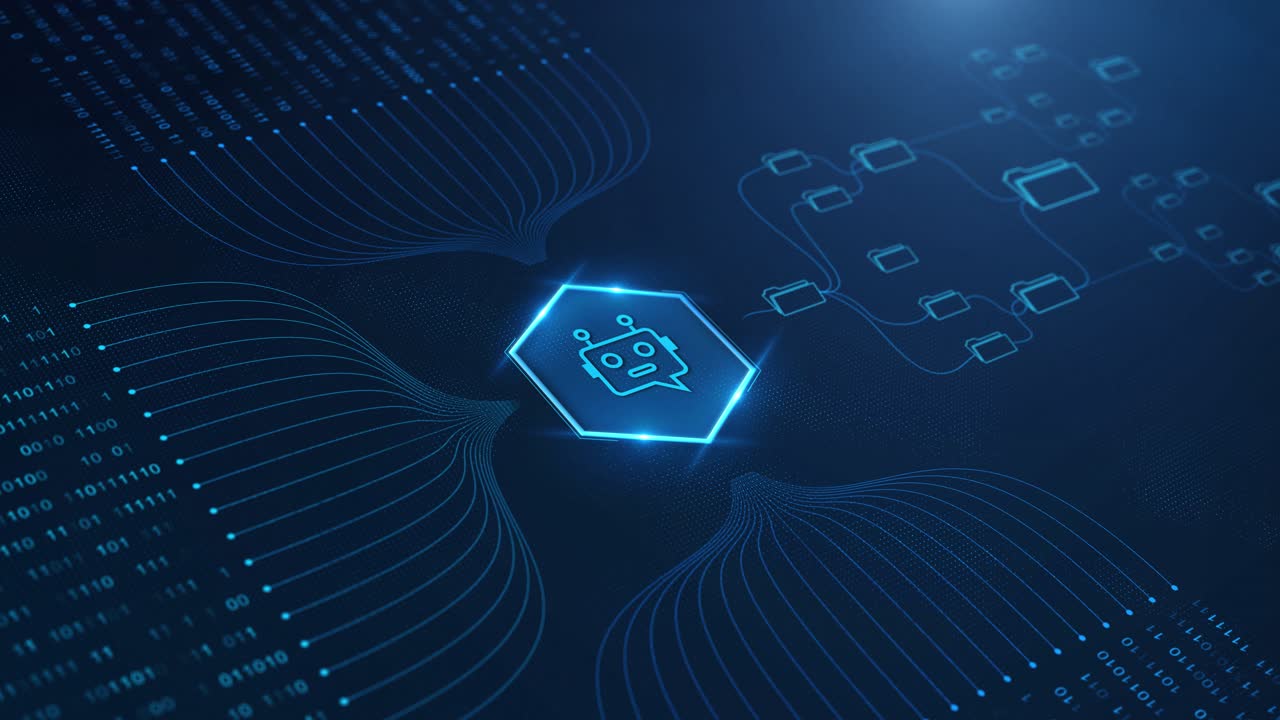 Human hand click on ai chatbot hexagon icon processing binary code and file data visualization ai