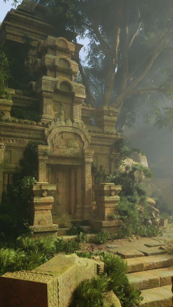 Historic temple ruins shrouded in mist among dense forest landscape