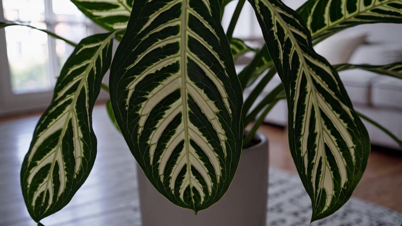 Primo piano di una pianta di Aphelandra Squarrosa in vaso in un soggiorno