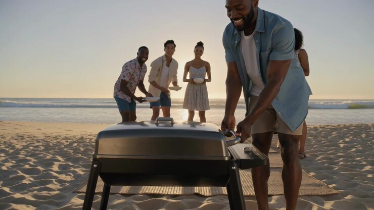 Opening grill lid, man in light blue shirt, khaki shorts stepping at beach, prompted by plates
