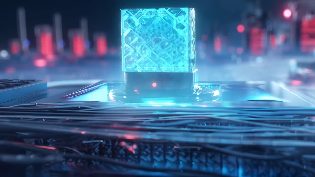 Futuristic circuit board video, close-up angle, showcasing glowing tech elements