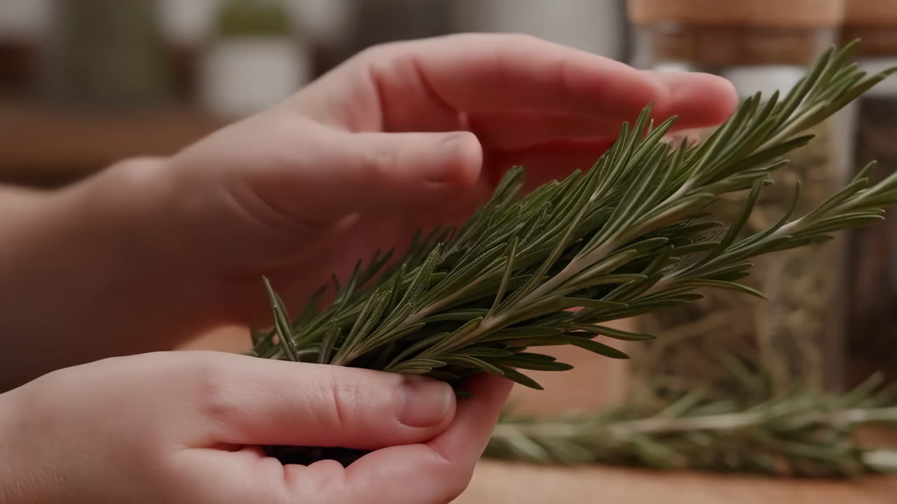 Hands holding fresh rosemary sprigs