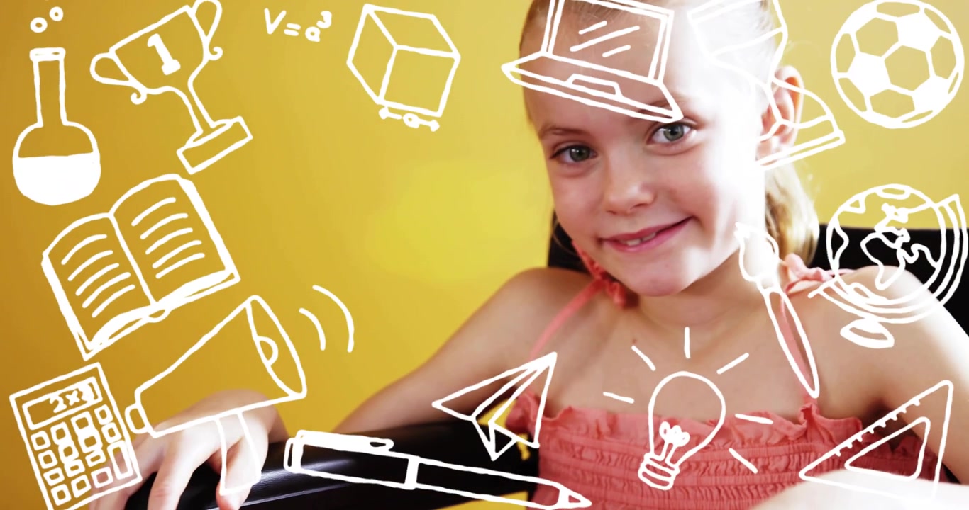 Reacting to doodles appearing seated girl turning and smiling at yellow set black chair coral top