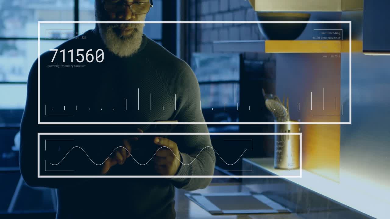 Man using tablet in kitchen with data processing animation over him