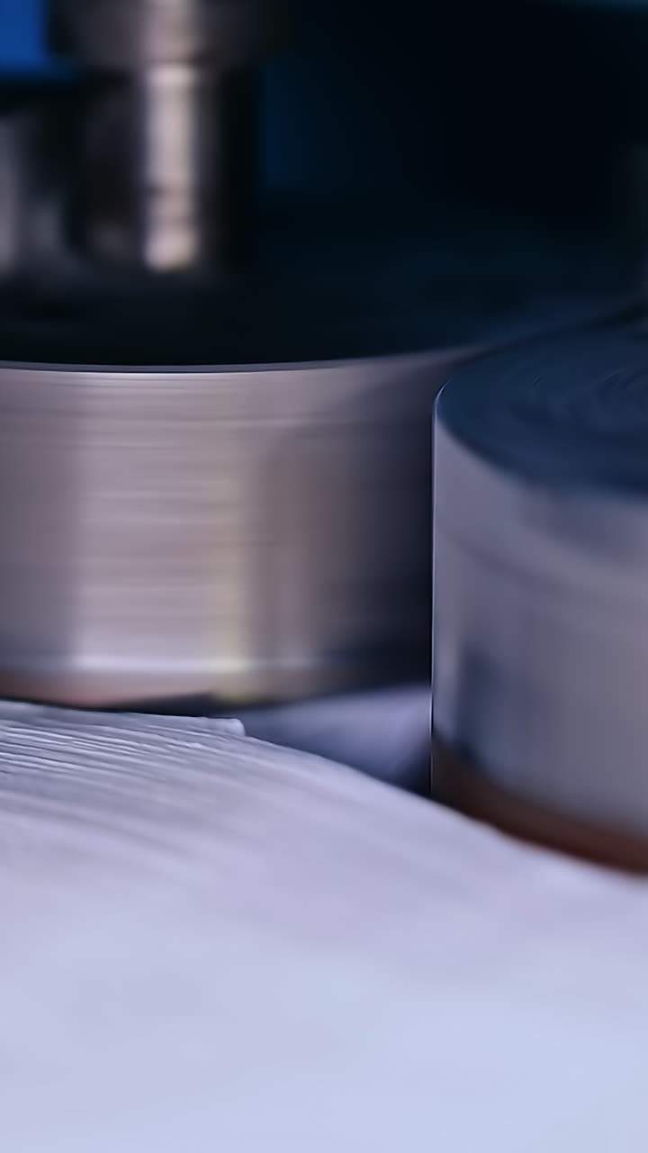 Two metal roller rotating and pushing the tissue for future diapers. Pieces of white cloth laid into a pile on the conveyor line. Diaper manufacturing close up. Vertical video