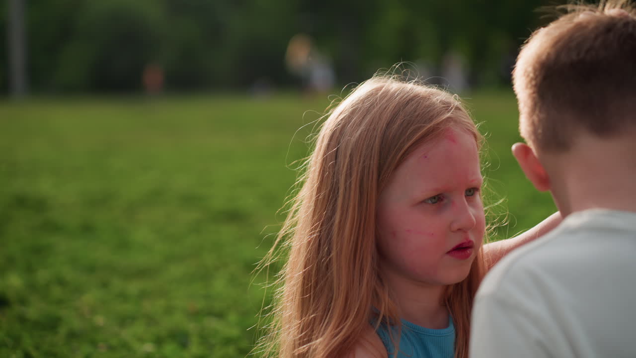girl intently cleaning boy face with tissue in outdoor green field, paint smudges visible, warm light emphasizing caring focused interaction between children during playful summer moment