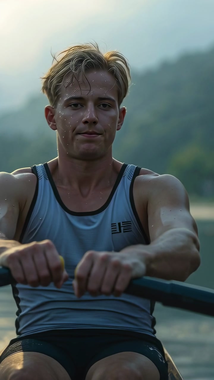 Vertical video: Stroke rhythm driving rower cycling strokes on lake training in tank holding oar