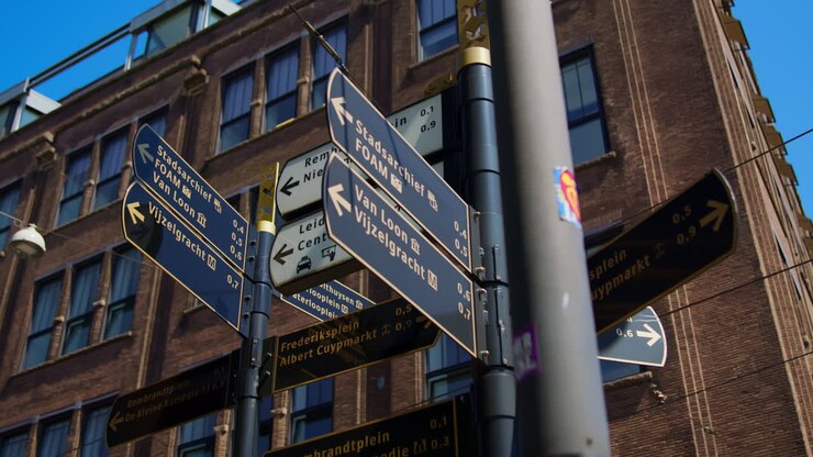 Direction signs in Amsterdam pointing in every direction