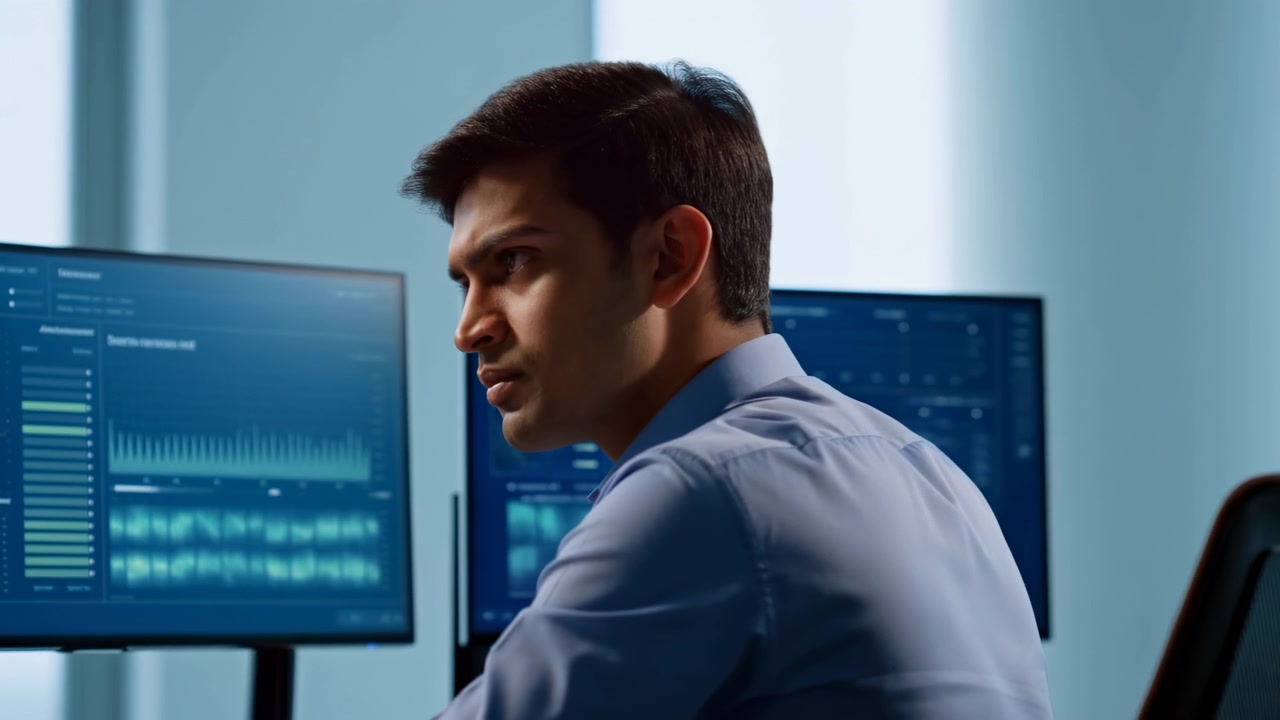 Side view shows an adult man shifting his gaze between illuminated screens with graphs and interface panels, seated in a modern office under cool daylight with close framed composition.