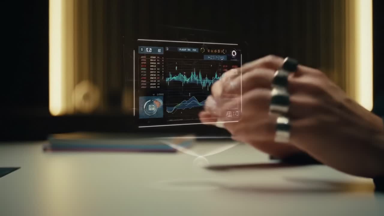 A Futuristic Interface: Hands Engaging with a Holographic Display Featuring Dynamic Data Visualizations and Interactive Controls in a Modern Workspace