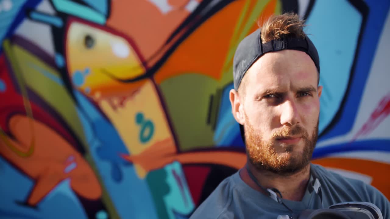artista de graffiti de pie contra la pared de graffiti 4k
