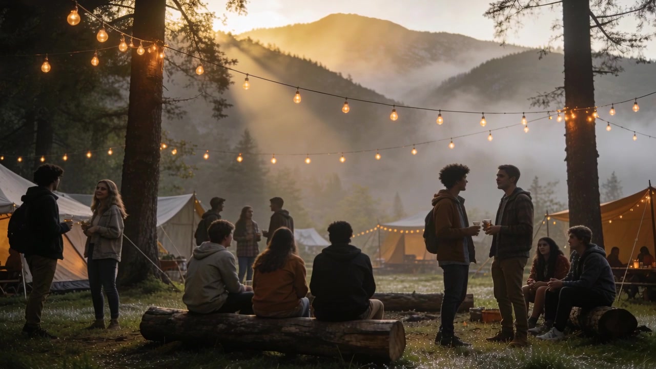 Filtering golden light through mist spurring campers in jackets mingling on log under string bulbs