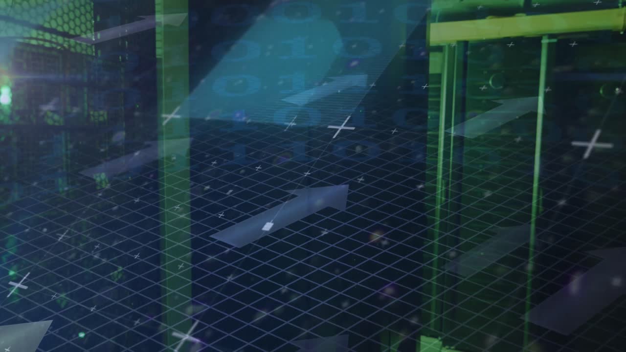 Animation of data processing and arrows over green lights of computer servers