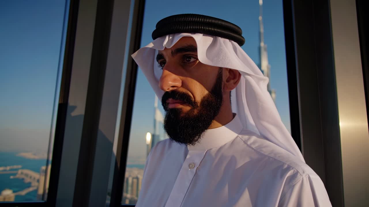 Arab man in traditional attire gazes thoughtfully out of a high-rise window, capturing a moment of reflection against a stunning urban skyline backdrop