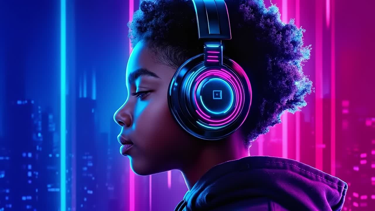 A young girl wearing headphones in front of a neon background