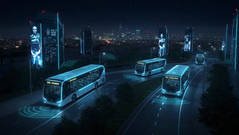 a futuristic view of autonomous buses navigating an urban landscape with smart technology and dynamic digital displays illuminating the night sky
