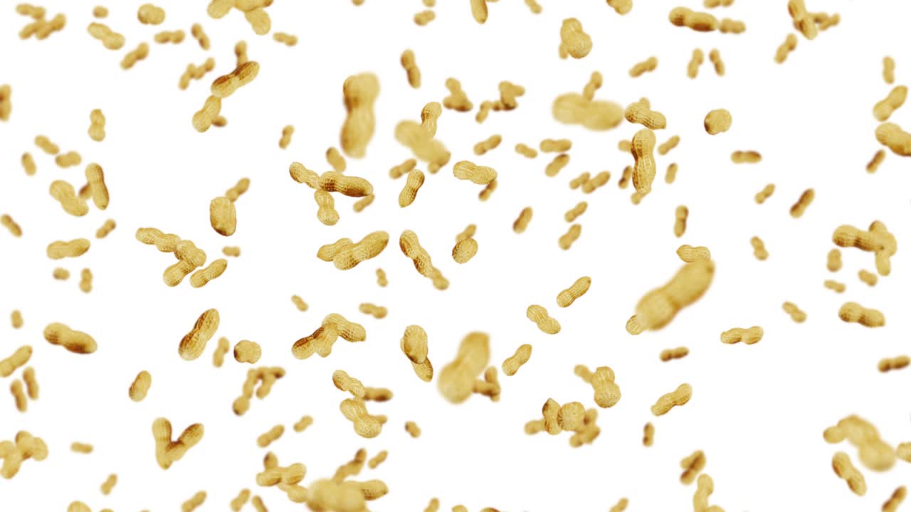 volare molte arachidi su sfondo bianco. arachidi crudi. arachidi in gusci. cibo biologico sano. animazione a ciclo 3d della rotazione dei semi.
