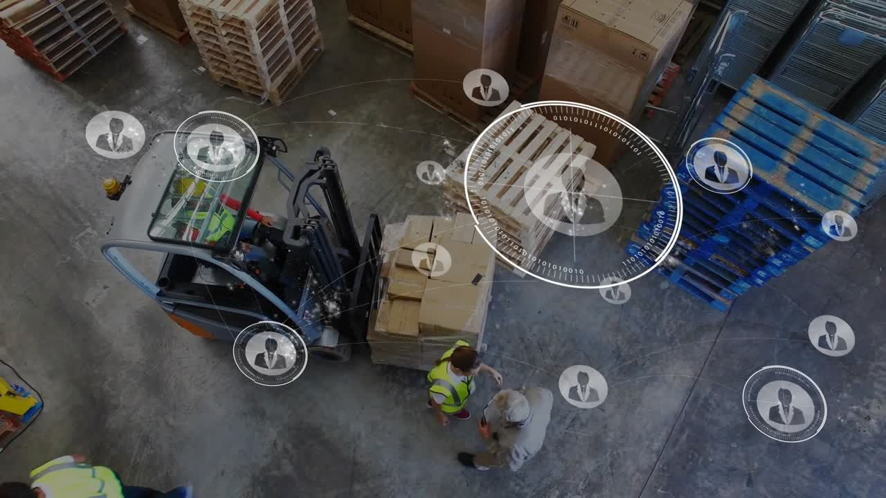 Forklift operator lifting pallet after ground supervisor cue, showcasing logistics data overlay