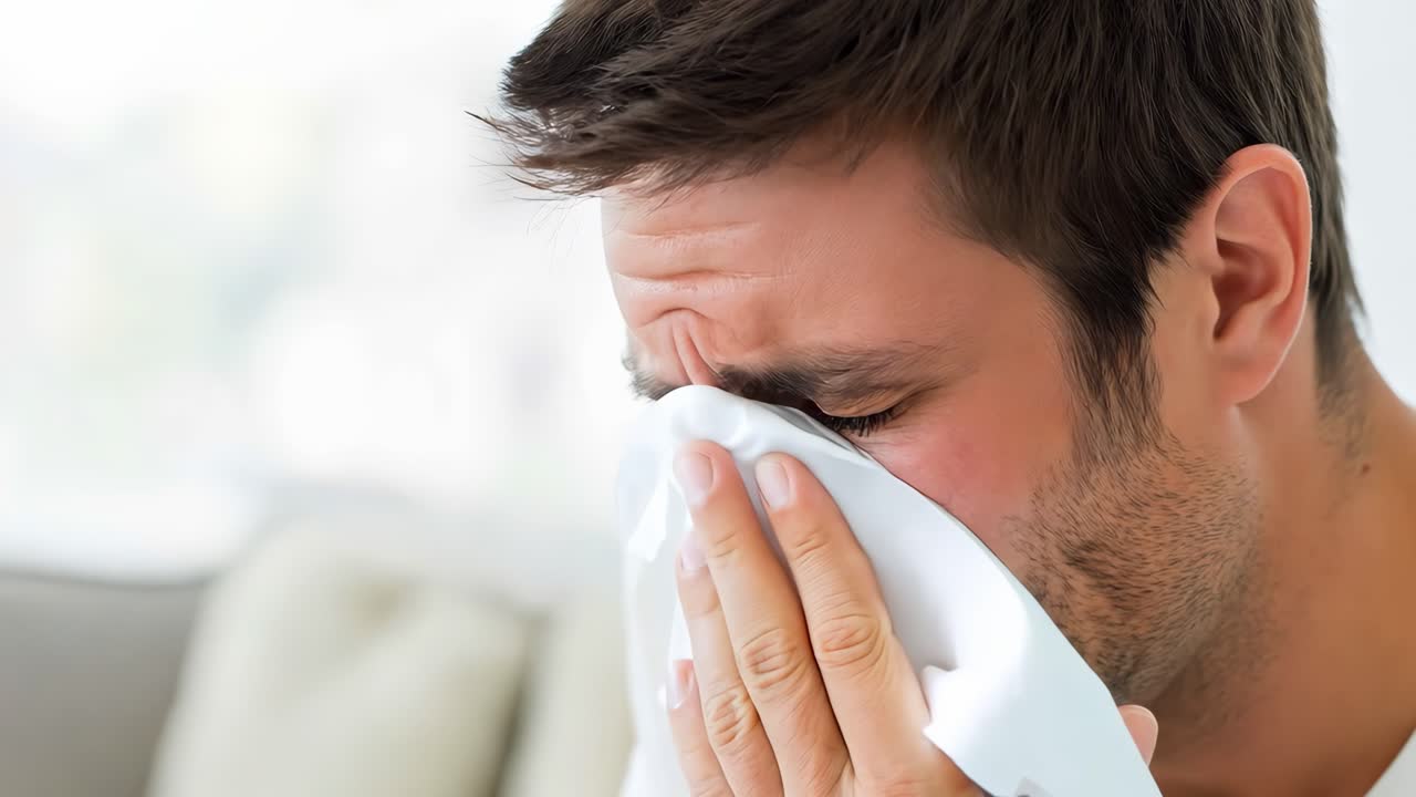 Male experiencing nasal congestion and blowing nose with white tissue, sitting on living room sofa while suffering from seasonal respiratory illness or allergy symptoms