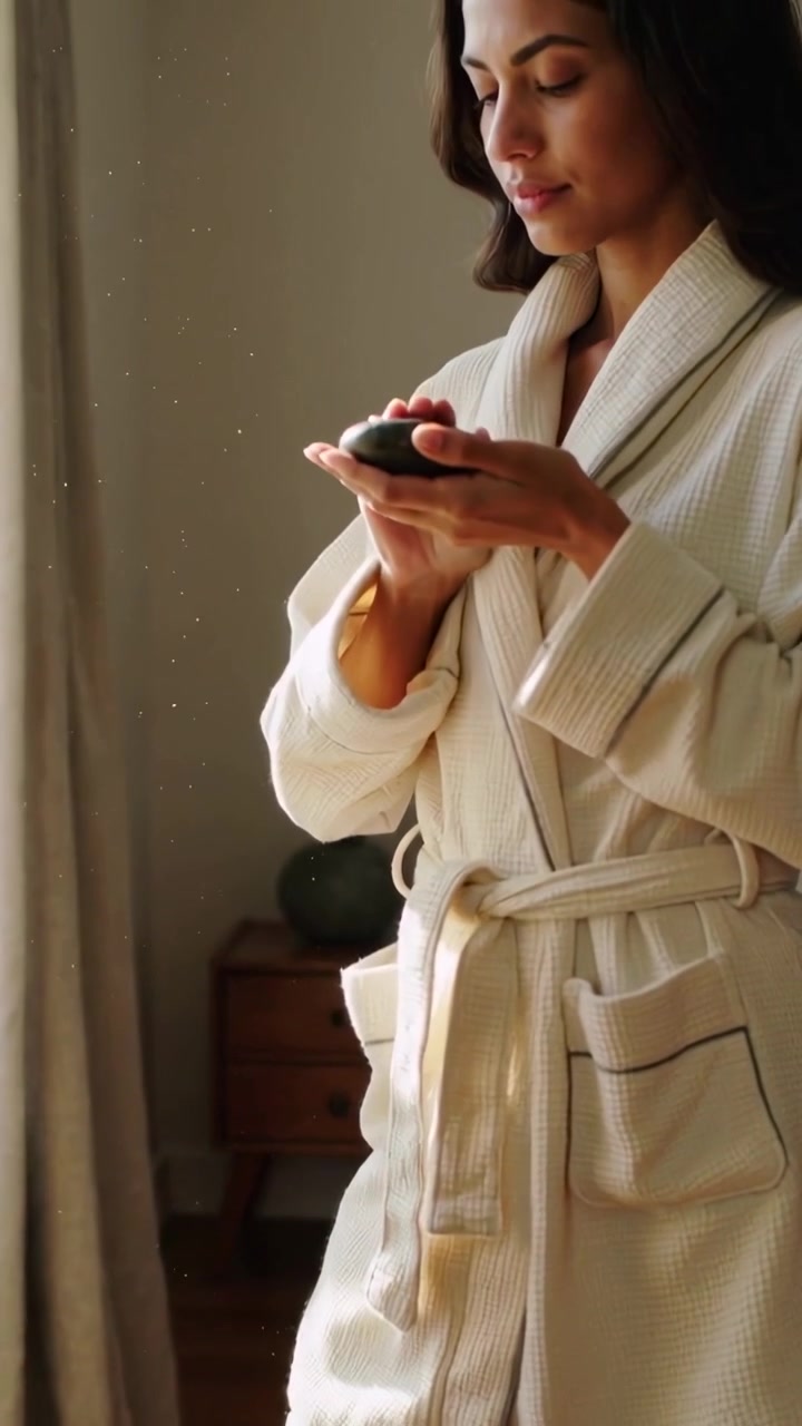 Vertical video: Rising cam revealing woman in cream robe holding dark stone in bedroom seeking calm