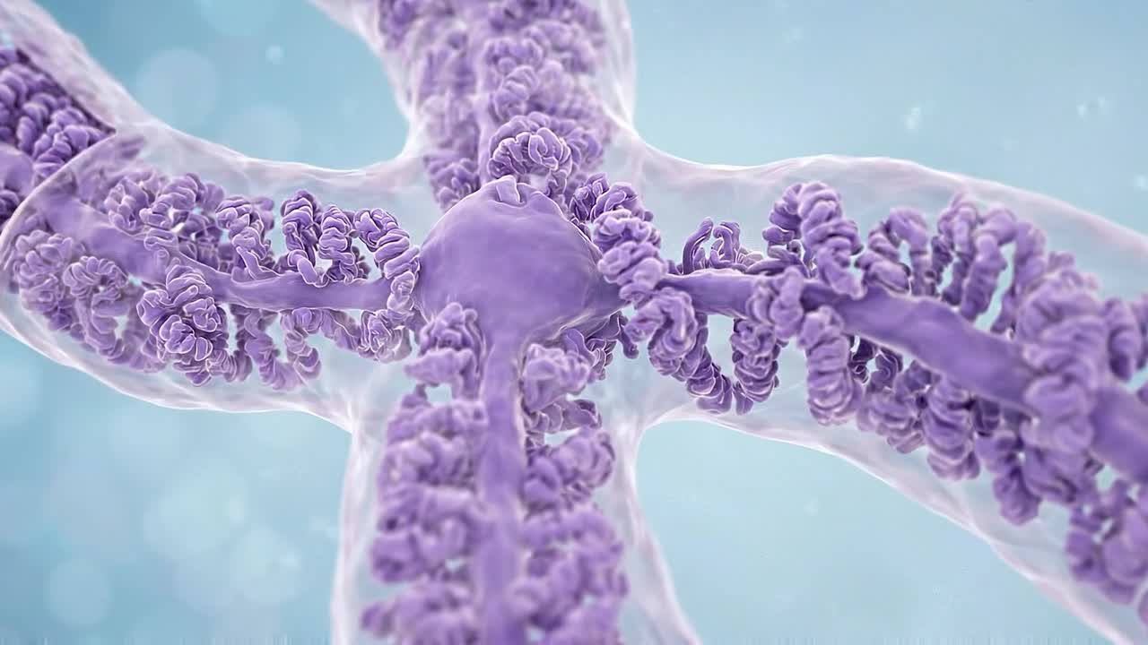 Purple chromosome structure with detailed coiled DNA strands floating in soft background representing cellular genetics visualization