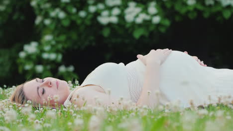 Junge-Schwangere-Frau-Liegt-In-Den-Grasträumen