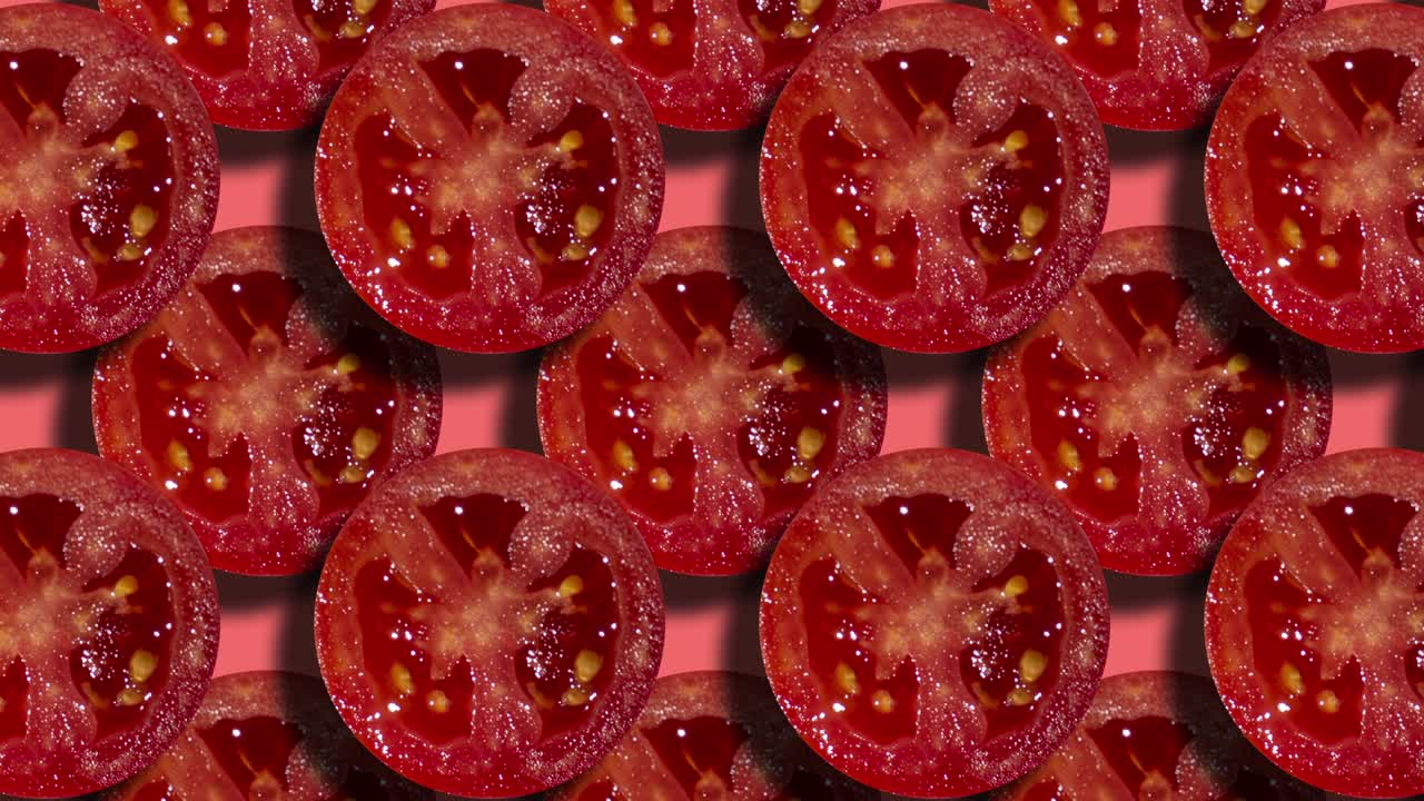 Motivo geometrico con due strati di fette di pomodoro su sfondo color corallo. Semplice animazione in loop continuo di un concetto alimentare in motion graphic.