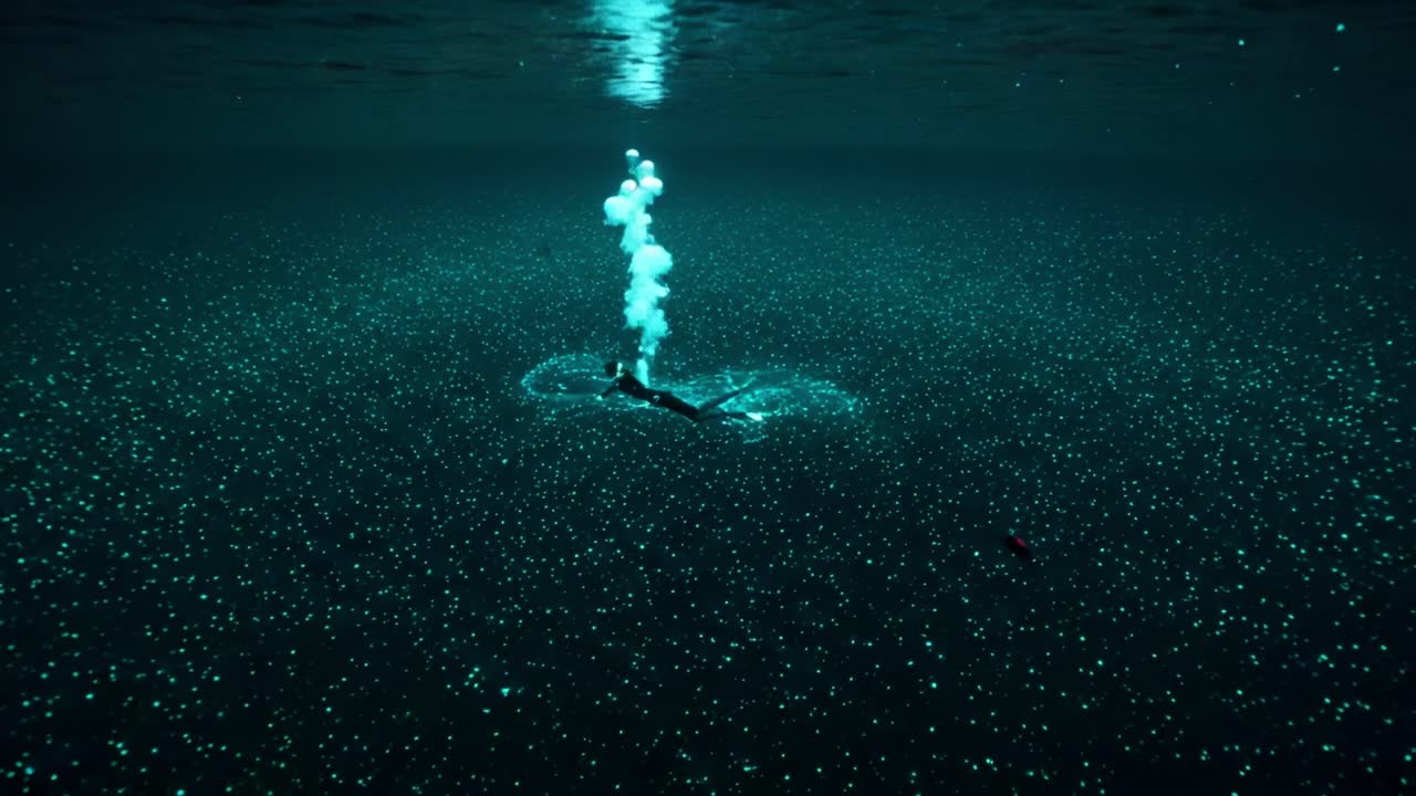 An Ethereal Underwater Journey: The Magical Dance of Light and Bubbles Below the Surface Captured as a Diver Explores a Mystical Ocean Environment