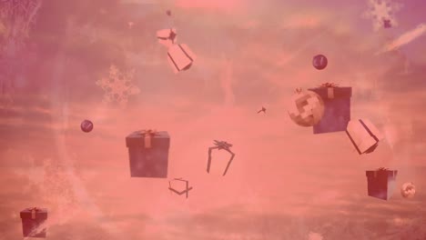 animation of christmas presents, balls and snow falling over background with red filter