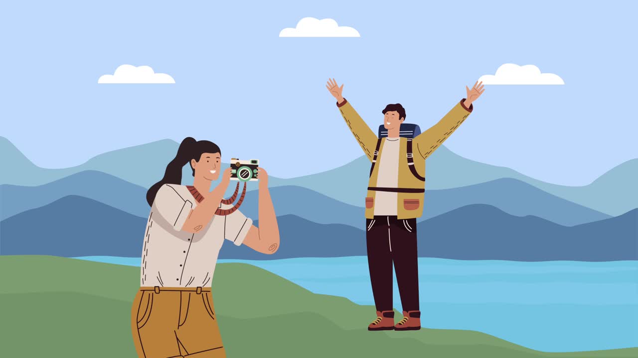 pareja de campistas con animación fotográfica de la cámara