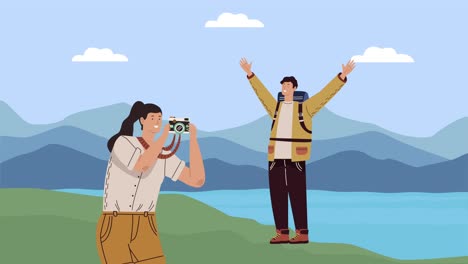 campers couple with camera photographic animation