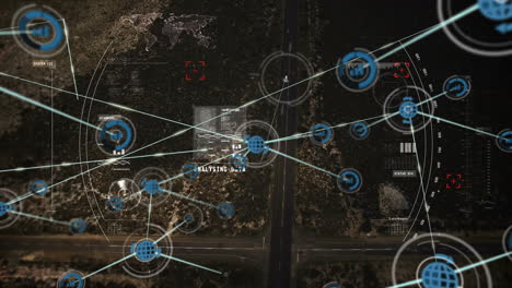 analyzing data animation over aerial view of landscape with network connections