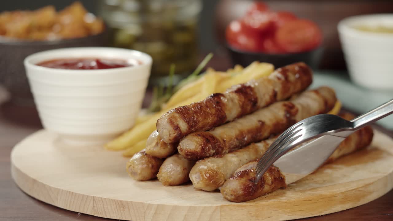 Close-up of Cutting Grilled Sausages and French Fries