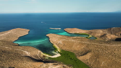 aerial view overlooking of the playa balandra beach, sunny day in la paz, mexico