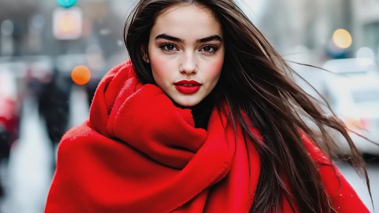 Женщина в красном пальто идет по улице.