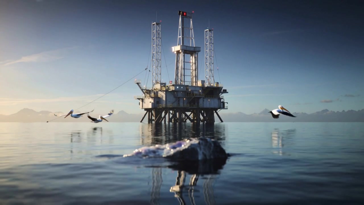 Skimming seabird entering from left, seabirds flying past offshore platform over reflective rock