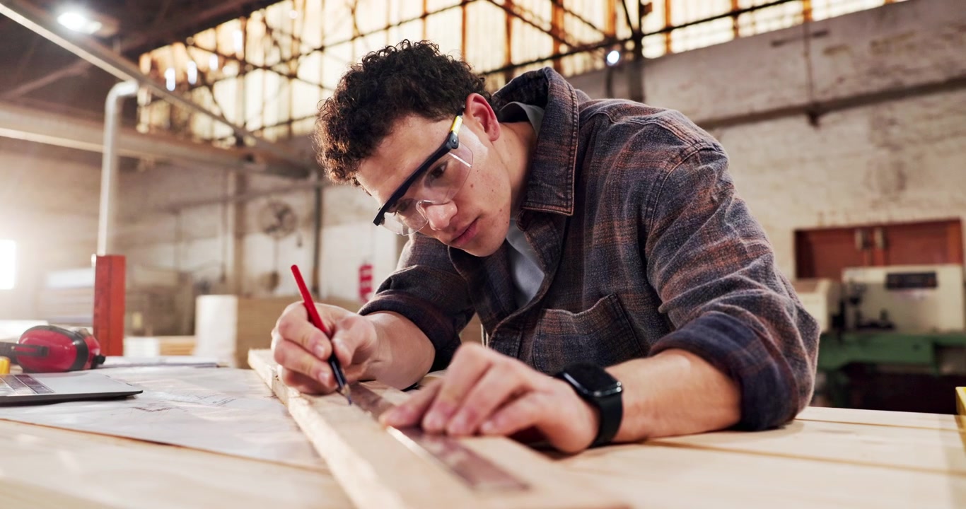 Young Carpenter Measuring and Marking Wood in Workshop