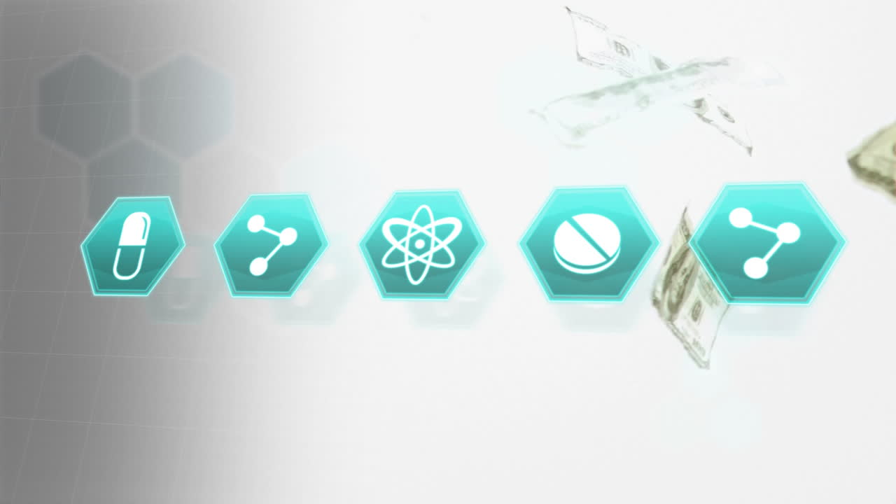 미국 달러 지폐 위에 떠다니는 의료 아이콘의 애니메이션.