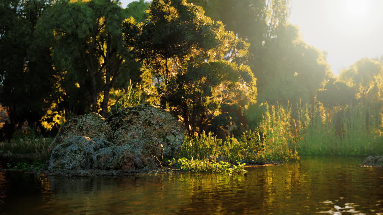 мирный закат в лесу.
