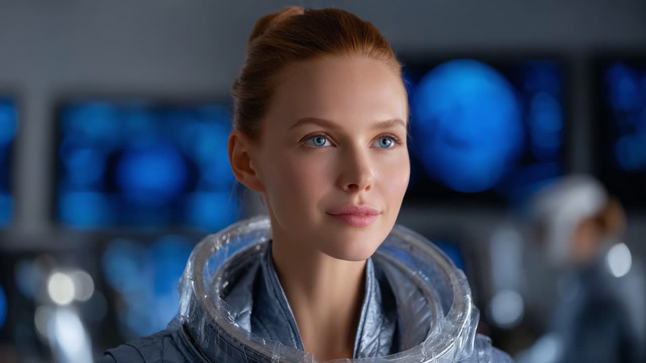 An Introspective Moment: A Female Astronaut Reflects in a High-Tech Control Room with Futuristic Displays in a Space Exploration Context