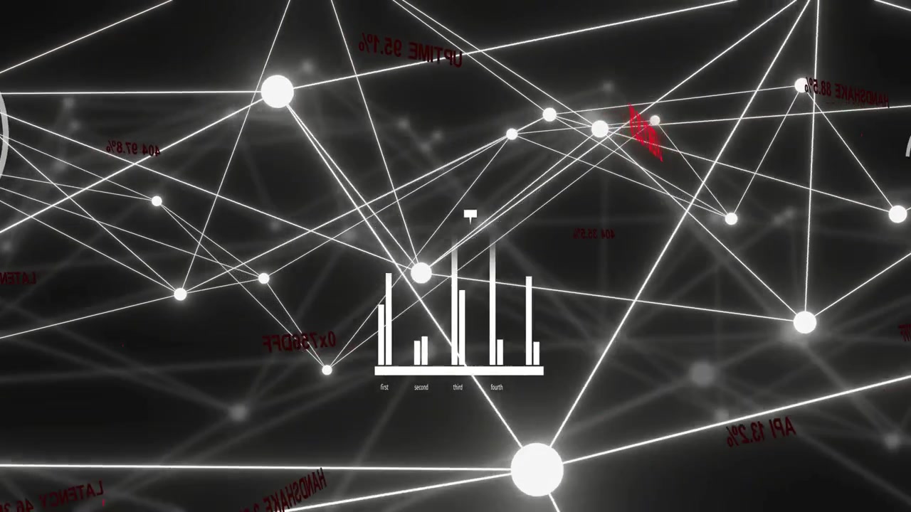 Live data feed initiating camera panning, network nodes pulsing, gauges updating showing metrics