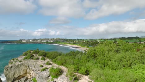 Hotels-along-the-coast-surrounded-by-trees,-beach,-blue-sea-and-cliff-in-Hawaii