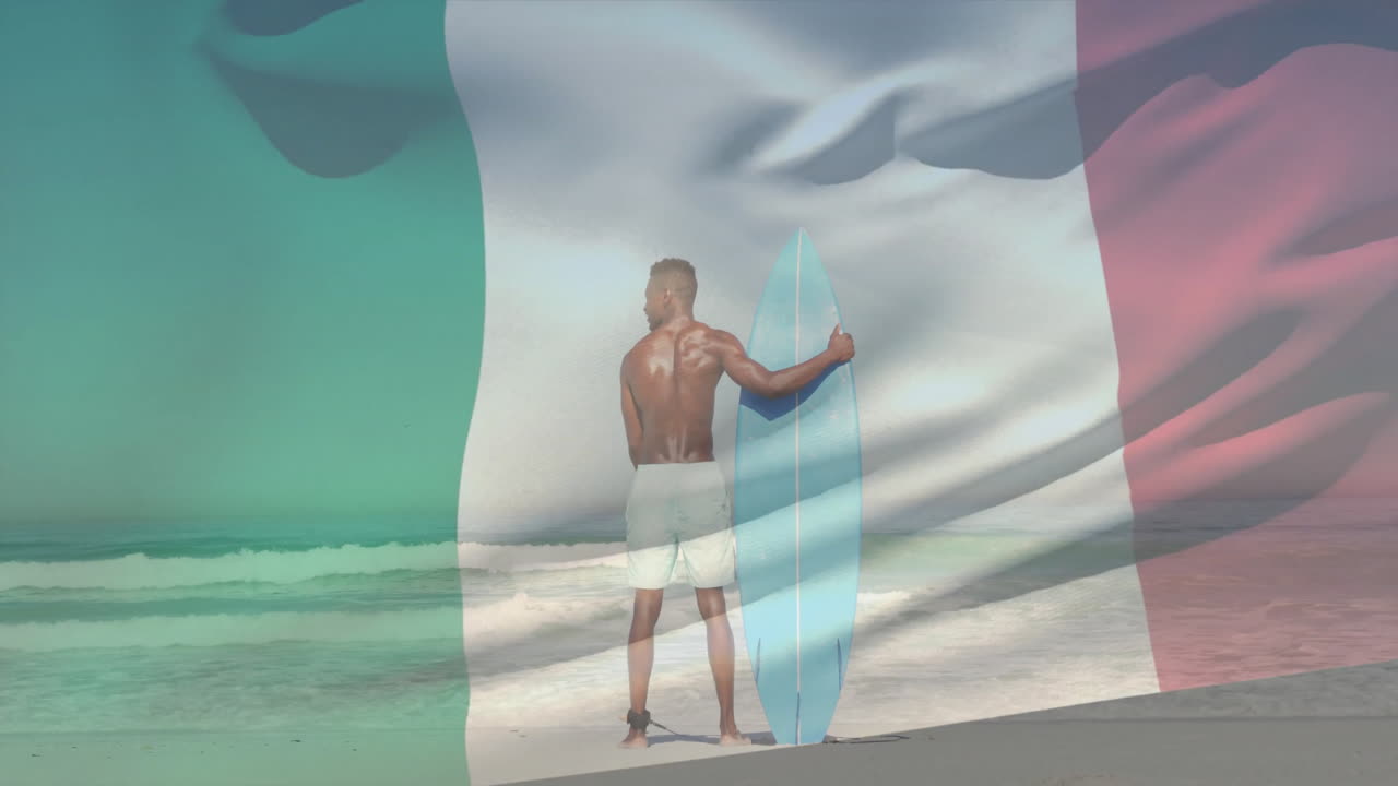 Holding surfboard on beach, man with colorful overlay animation in background