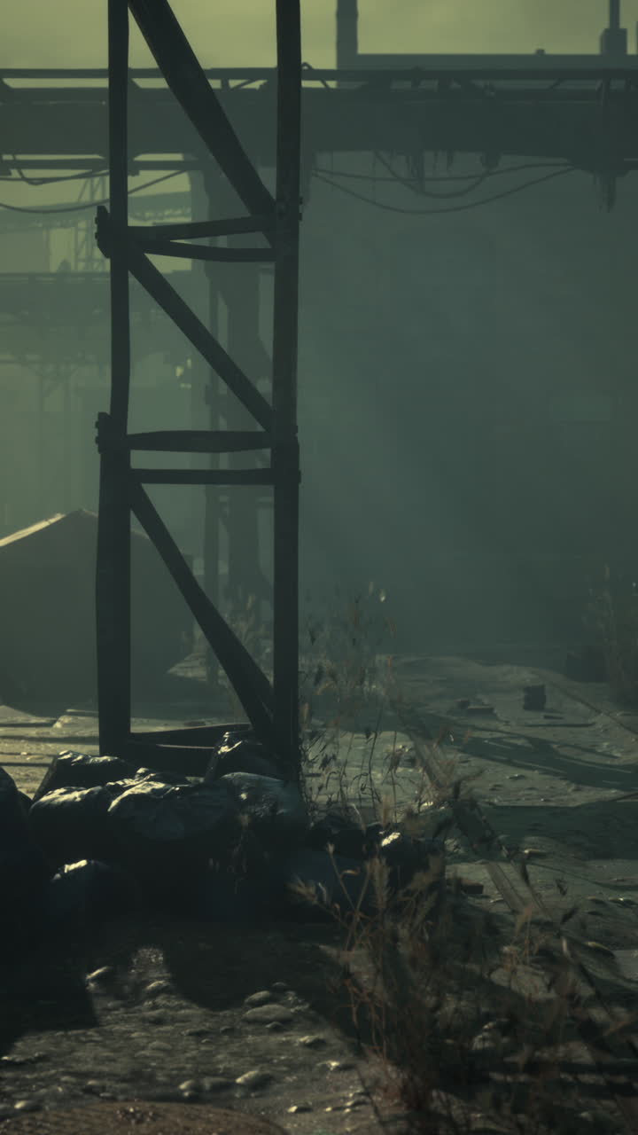 un edificio industrial en ruinas en un mundo post-apocalíptico